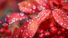 Bright Red Leaves Adorned With Water Droplets.