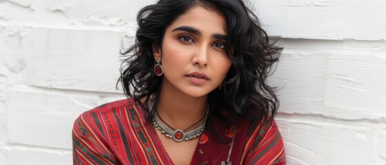 Sticker -   A person wearing a necklace and a red shirt against a white wall background