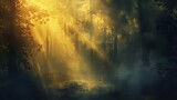Fototapeta  - Atmospheric digital painting of a mysterious, misty forest at dawn, with rays of golden light filtering through the trees and casting long shadows