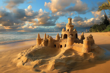 sand castle on beautiful exotic beach in vacation, generative AI