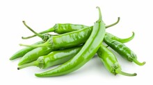 Group Of Green Chili Peppers Isolated On White Background 