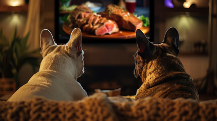 Wall Mural - Back view of dogs watching TV with steak in dark living room.