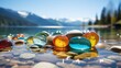 Close-up of a crystal-clear lake with Easter eggs resting on the surface