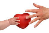 Close-up of a six month old baby hand giving a heart-shaped gift box to someone, for example to his/her mum on mother day or birthday, isolated on white background