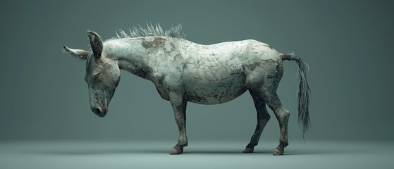 Sticker -   A white horse stands on a gray floor beside a green wall and a gray backdrop behind it