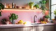 baby pink kitchen, view of baby pink worktop, matte and plain materials, baby pink mosaic splashback, natural light,