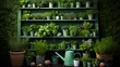 Herb Garden Wall with Potted Plants on Shelves Ai generated
