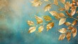© Aedan - grunge gold leaves tree branch on blue teal textured background golden cold colors nature plant art backdrop autumn thanksgiving cool tones floral web mobile illustration overlay art painting