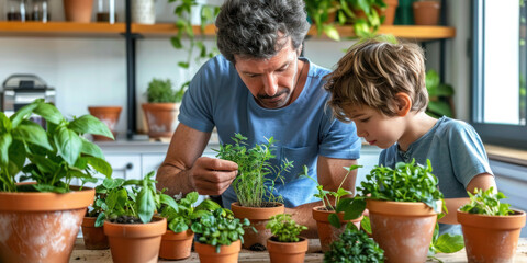 Wall Mural - Father with a boy planting herbs at home