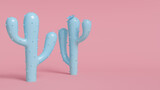 Fototapeta Sypialnia - Blue cactus couple on pink background. Minimalist pastel color design. 3D rendering.