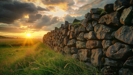 Wall Mural - Evening Elegance: Beautiful Sunset Behind a Stone Wall with Grass