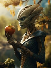 Wall Mural - A woman with a large head and alien body holding an apple. Generative AI.