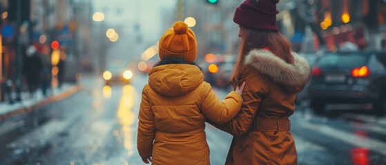 Sticker - A woman and child walking down a street in the rain. Generative AI.