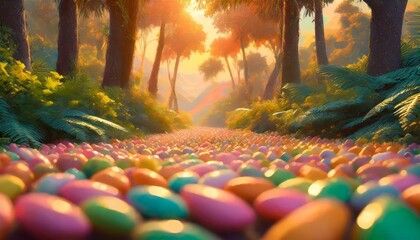 Wall Mural - a surreal landscape featuring candy coated almonds forming a vibrant mosaic in the heart of a dense multicolored jungle generative ai