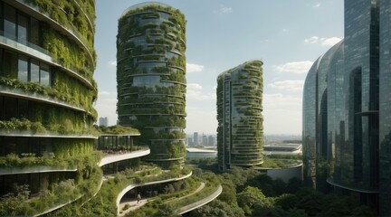 Wall Mural - A city with many tall buildings that have green plants growing on them. Generative AI.