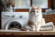 Adorable fluffy cat sitting on the top of washing machine in the laundry room, generative ai