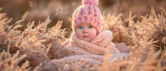 Wall Mural -   A young girl adorned in a pink knitted hat and scarf frolicked amidst a sea of tall blades in a lush green field, accessorized with a play