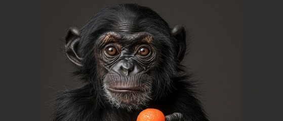 Poster -   A chimp holds an orange in its right hand, shocked expression