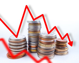 Poster - Coins chart. Falling chart. Crisis infographics. Coins on white. Stack money. Recession chart. Concept falling wages. Metaphor of declining income. Decrease in earnings. Worsening economic situation