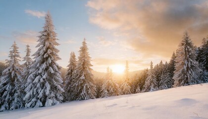 Wall Mural - winter landscape wallpaper with pine forest covered with snow and scenic sky at sunset snowy fir tree in beauty nature scenery christmas and new year greeting card background