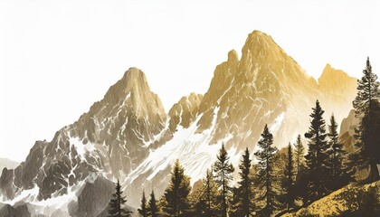 Canvas Print - mountain with pine trees and landscape black on white background hand drawn rocky peaks in sketch style