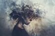 Artistic depiction of a woman with her head dissolving into particles, symbolizing mental illness challenges