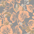 Monochrome orchid flowers and stens on grey background in earch halftones. High quality photo