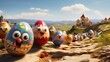 Playful Easter egg race with decorated eggs rolling down a hill