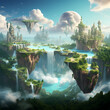 A surreal landscape with floating islands and waterfalls