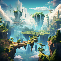 Wall Mural - A surreal landscape with floating islands and waterfalls