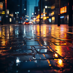 Wall Mural - Abstract city lights reflected in rain-soaked pavement