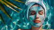 Close up of an attractive young woman with our eyes closed wearing a blue face pack at a tropical spa healthy lifestyle and wellbeing skincare routine and anti aging treatment