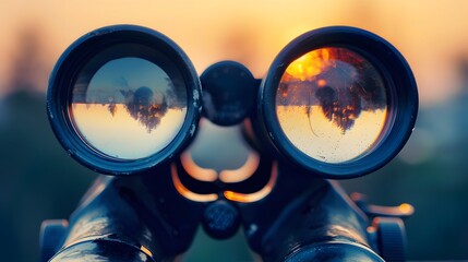 A pair of black rubber grip metal binoculars isolated on white background. Well worn, used, dirty full of sand from being out in the field viewing wildlife. Five views