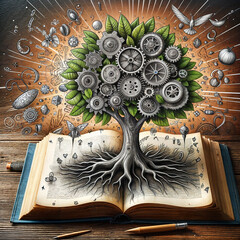 Tree of knowledge and life growing on soil from big archive open textbook with creative freehand doodle drawing on wooden table for world book day 