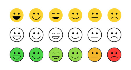 Face smile icon positive, negative neutral. Emoji icons for rate of satisfaction level. Happy and sad emoji smiley faces vector icon for apps and websites. Vector illustration.