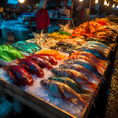 Canvas Print - Colorful fish market with seafood on display.