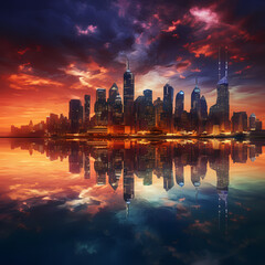 Wall Mural - Glowing city skyline reflected in a river.