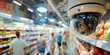 Surveillance camera monitoring customers in a supermarket aisle..