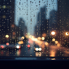 Poster - Raindrops on a windowpane with city lights in the background