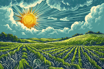 Rural landscape with hills and meadows. Engraving graphic style. Spring sunny field with grass and flowers. Farming, harvest, vineyard concept. Retro illustration for background, poster, banner, card