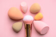 Top view of makeup brush and beauty makeup sponges. Beauty and makeup concept