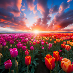 Poster - Vibrant tulip field in full bloom. 