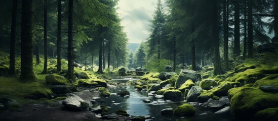 Wall Mural - Tranquil stream meandering through a dense forest, adorned with lush green moss covering the ground and rocks, creating a serene natural landscape