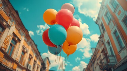 Sticker -   A group of balloons floating in the sky in front of a blue-skyed building with cloudy backdrop