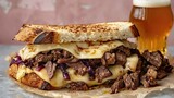 Fototapeta Przestrzenne - Gourmet steak and melted cheese sandwich served with a beer