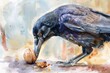Watercolor of a clever crow carefully prying open a nut with its beak