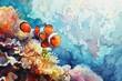 Watercolor of a clownfish in a coral reef.