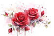 Watercolor background. Two red roses with buds. Spring. Flowers.