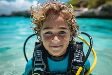 Wall Mural - Child at diving lessons. Background with selective focus and copy space