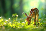 Fototapeta  - Adorable baby deer grazing on tender shoots and leaves in a lush forest clearing, their graceful movements and delicate features captured in stunning HD detail